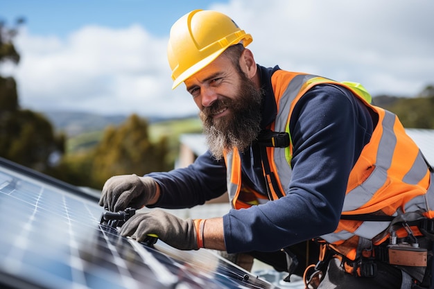 Vista de ángulo bajo de un trabajador instalando paneles solares en un techo