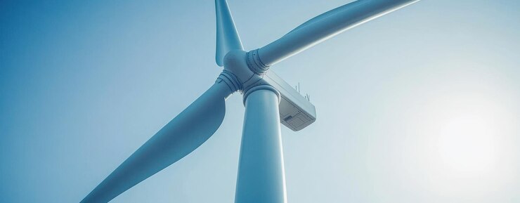 Una vista de ángulo bajo de una turbina eólica blanca contra un cielo azul brillante
