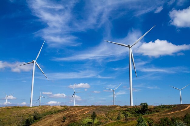 Foto vista de ángulo bajo de las turbinas eólicas en el campo contra el cielo