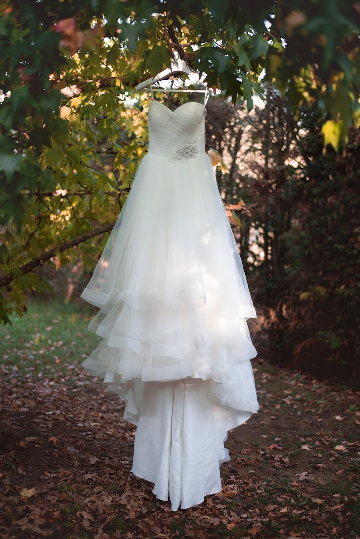 Foto vista de ángulo bajo del vestido de la novia colgado en el árbol