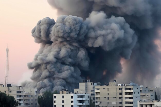 Foto vista apocalíptica de uma cidade destruída com fumaça saindo dela após um ataque de batalha de guerra guerra civil guerra urbana