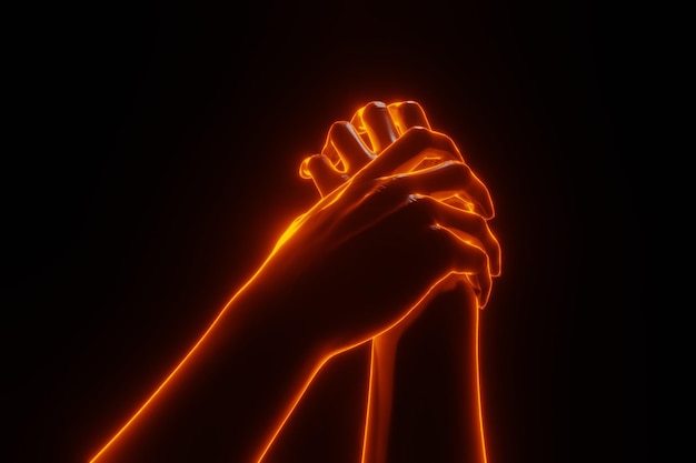 Foto vista aproximada da mão segurando com luz de fogo brilhante renderização em 3d