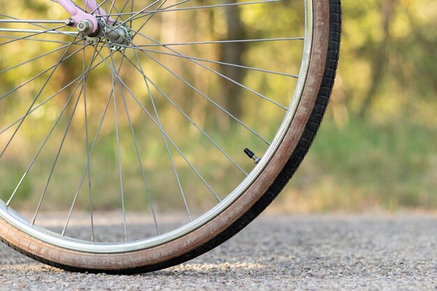 Vista aproximada da roda de bicicleta cortada na estrada com ambiente verde naturelan no fundo desfocado