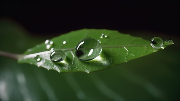 Vista aproximada das gotas de chuva na folha verde Generative AI