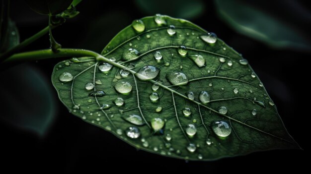 Vista aproximada das gotas de chuva na folha verde Generative AI