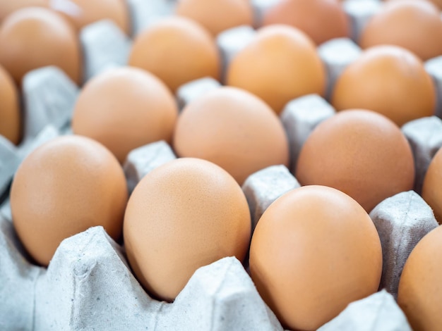 Vista aproximada de ovos de galinha crus em caixa de ovo