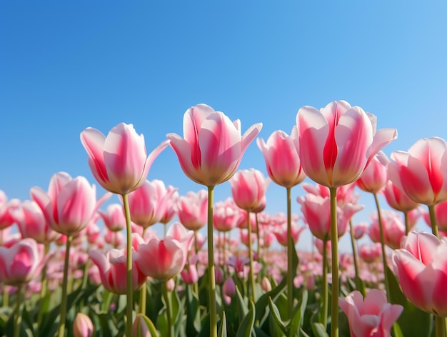 Vista aproximada de tulipas rosa e brancas
