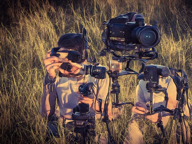 Vista aproximada de um retrato de um ambiente natural com um fotógrafo