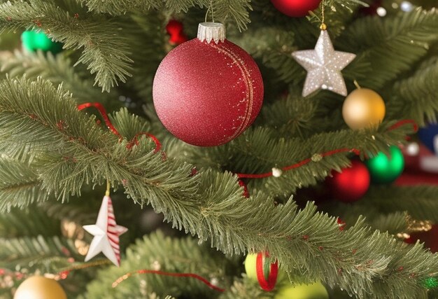 vista aproximada de uma linda bola vermelha no fundo da árvore de natal, muitas luzes embaçadas