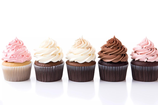 vista aproximada de vários cupcakes doces em fundo branco para promoção de loja de doces