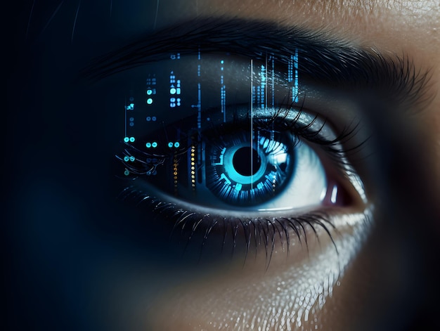 Vista aproximada do olho da mulher com tela de íris de codificação digital Conceito de reconhecimento de íris ou varredura ocular