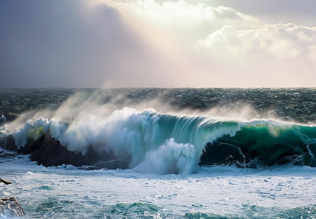 Vista aproximada do poder da natureza em movimento enquanto ondas magníficas do oceano tempestuoso surgem e quebram