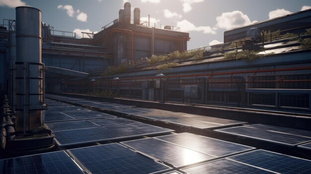 Vista aproximada dos painéis solares no telhado da fábrica