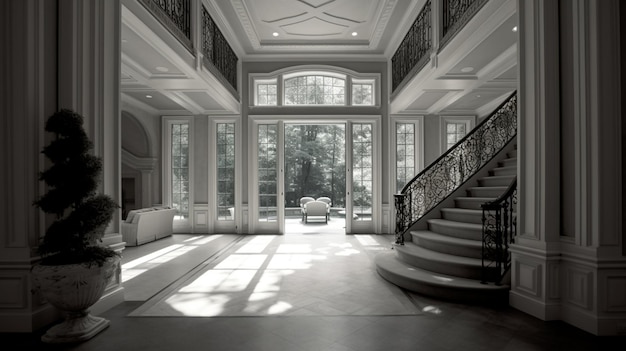 vista arafa de um grande hall de entrada com uma escada e uma caixa de escada generativa ai
