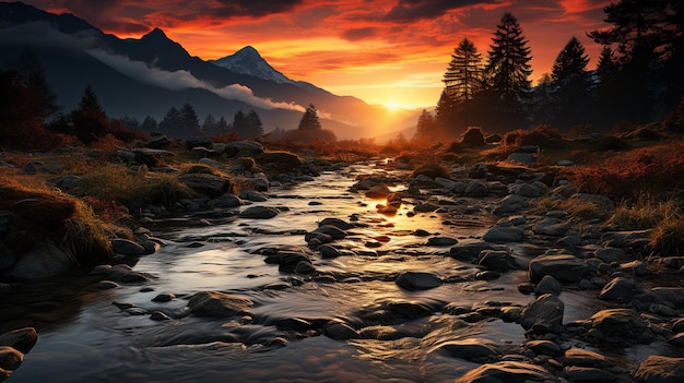 vista arafa de um riacho de montanha com um pôr do sol ao fundo, IA generativa