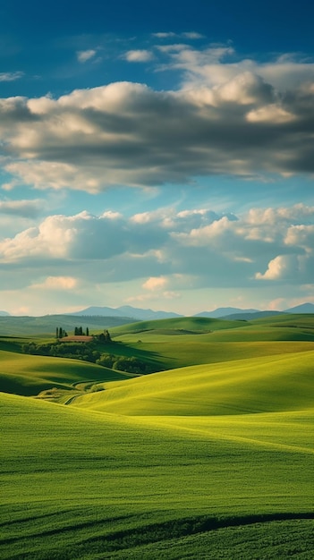 vista arafada de um campo verde com uma árvore solitária à distância IA generativa