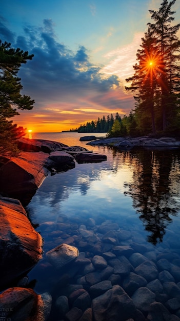 vista arafada de um lago com pedras e árvores ao pôr do sol generativa ai