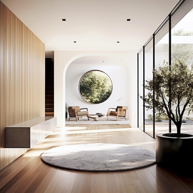 vista arafada de uma janela circular em uma casa moderna generativa ai