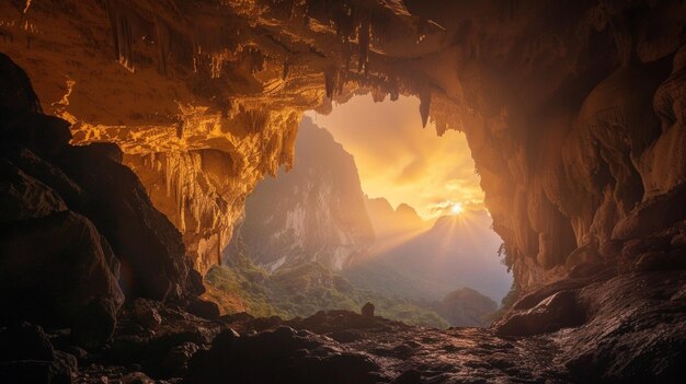 vista de arafe de una cueva con un sol que brilla a través de la cueva generativa ai