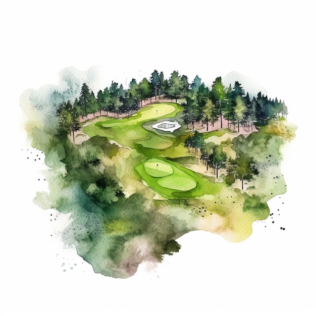 Vista de Arafed de un campo de golf con un estanque y árboles generativos ai