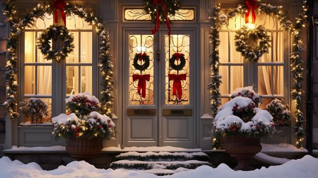 vista arafed de una casa con adornos navideños y coronas en la puerta de entrada ai generativo
