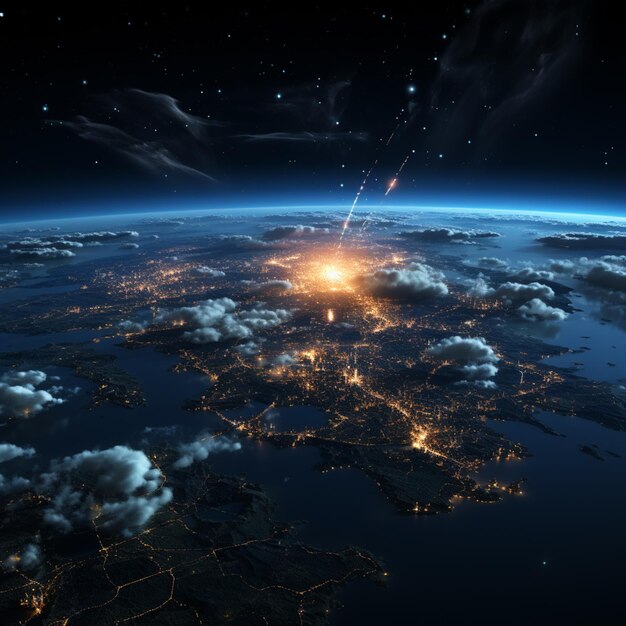 vista arafed de una ciudad por la noche desde el espacio generativo ai