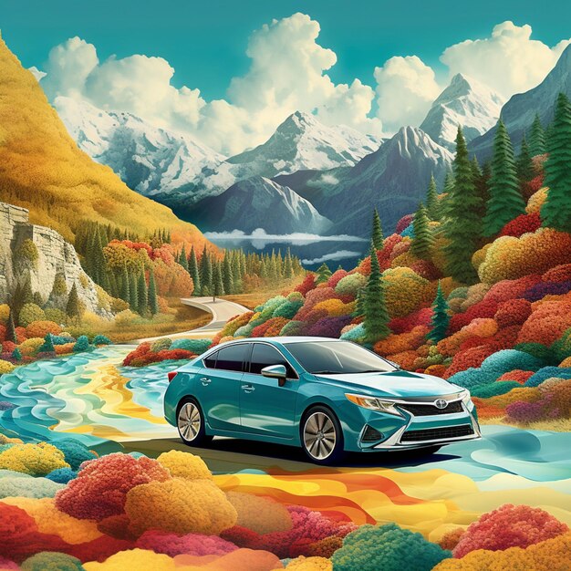 Vista de Arafed de un coche azul estacionado en un paisaje generativo colorido ai