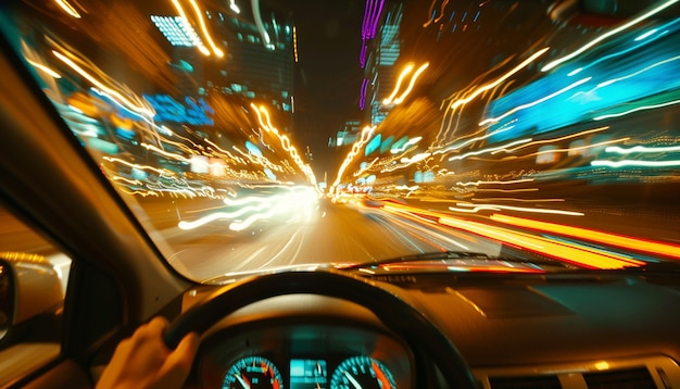 vista arafed de un coche conduciendo a través de una ciudad por la noche generativo ai