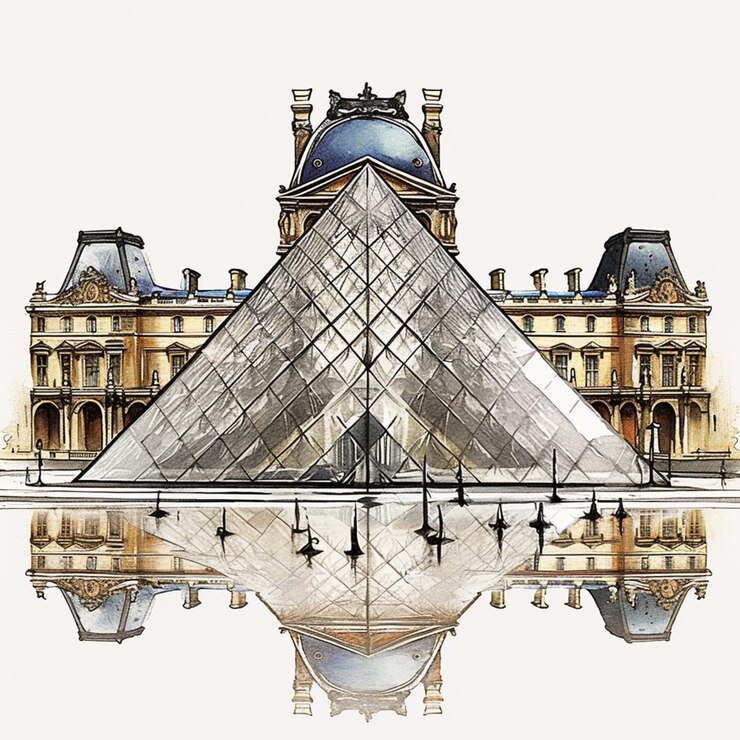 Foto vista arafed de um edifício com uma pirâmide e um reflexo na água generativa ai