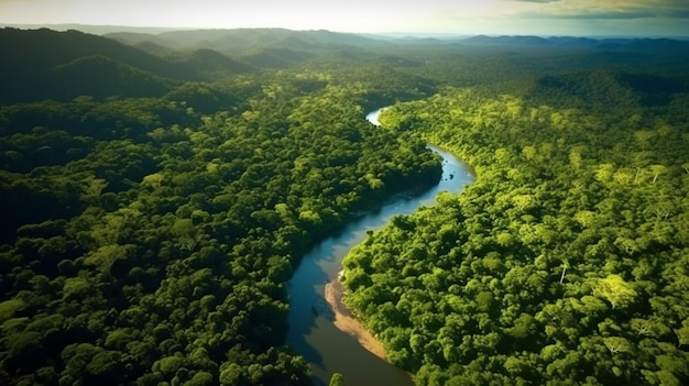 Vista Arafed de um rio que atravessa uma exuberante floresta verde generativa ai