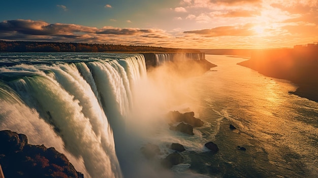 Vista Arafed de uma cachoeira com um pôr do sol ao fundo generative ai