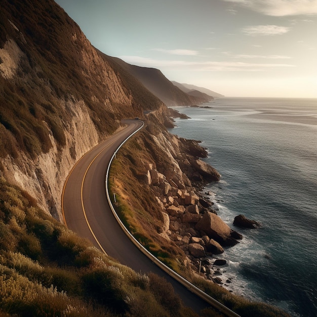 Vista Arafed de uma estrada curva em um penhasco com vista para o oceano generativo ai