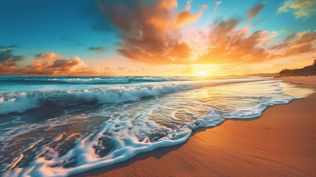 Vista Arafed de uma praia com ondas e um pôr do sol generativo ai