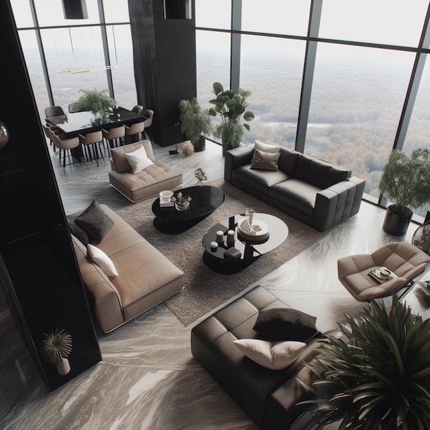 Vista Arafed de uma sala de estar com muitos móveis generativos ai