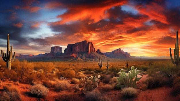 Foto vista arafed de un desierto con cactus y montañas en el fondo ai generativo