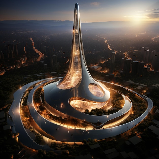 vista arafed de un edificio futurista con una estructura circular en el medio ai generativo