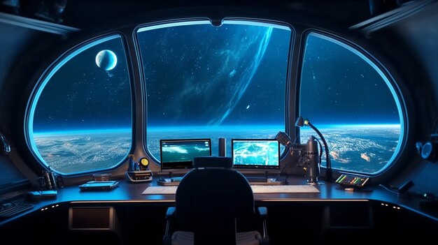 Vista arafed de una estación espacial con un escritorio y una ai generativa de computadora