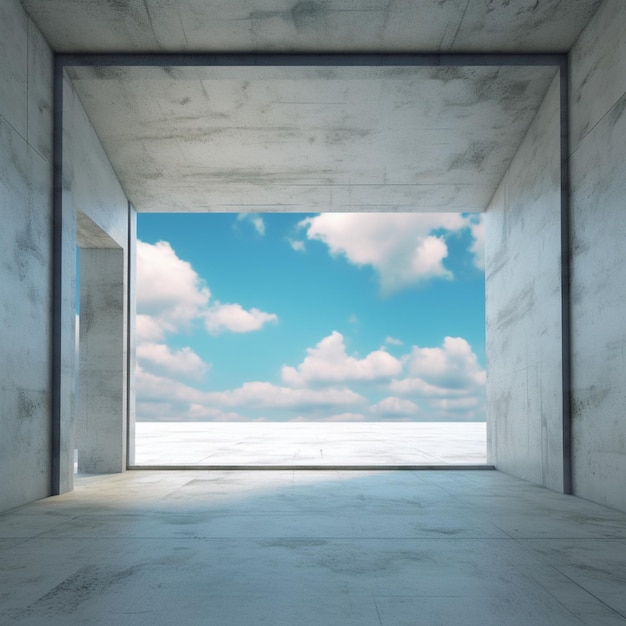 Foto vista de arafed de una habitación con vista al cielo y una ventana generativa ai
