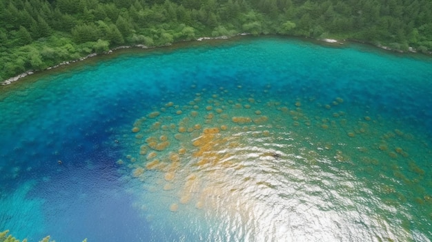 Vista de Arafed de un lago con agua azul y árboles generativos ai