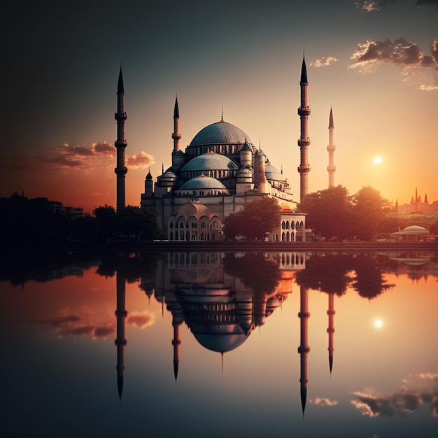 Vista arafed de una mezquita con un reflejo en el agua ai generativo.