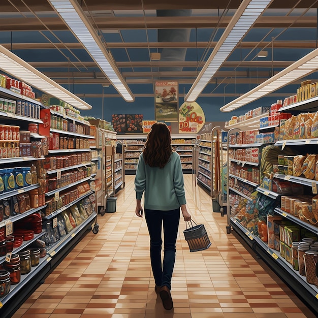 Foto vista de arafed de una mujer caminando por un pasillo de supermercado