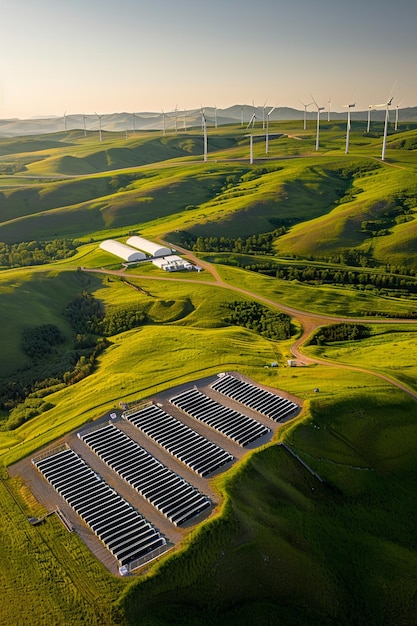 vista arafed de un parque eólico con una matriz solar generativa ai