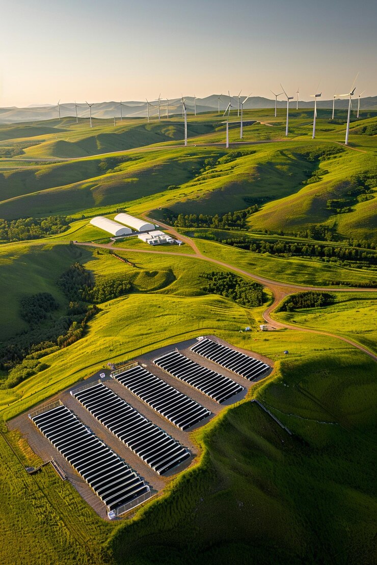 vista arafed de un parque eólico con una matriz solar generativa ai