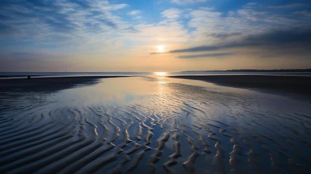 vista arafed de una persona caminando por una playa al atardecer ai generativo