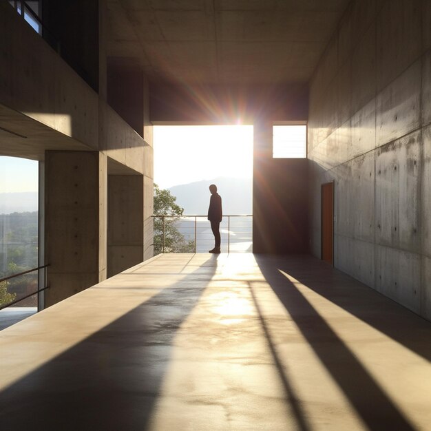 Vista de Arafed de una persona parada en un edificio con un sol brillando a través de las ventanas ai generativo