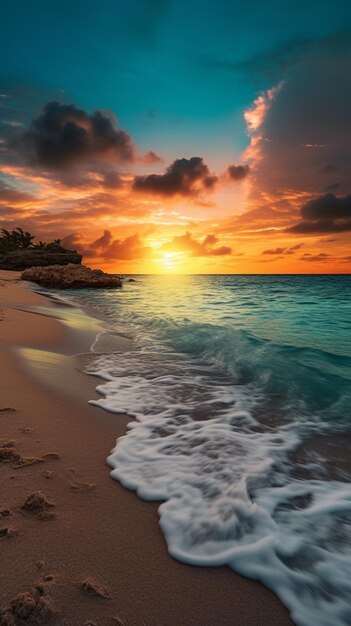 Vista de Arafed de una playa con olas y una puesta de sol generativa ai