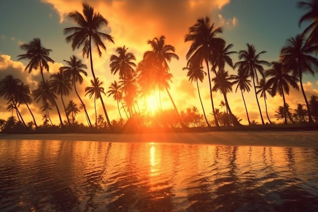 Vista de Arafed de una playa con palmeras y una puesta de sol generativa ai