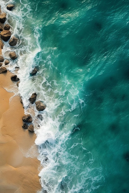 Vista de Arafed de una playa con rocas y agua generativa ai