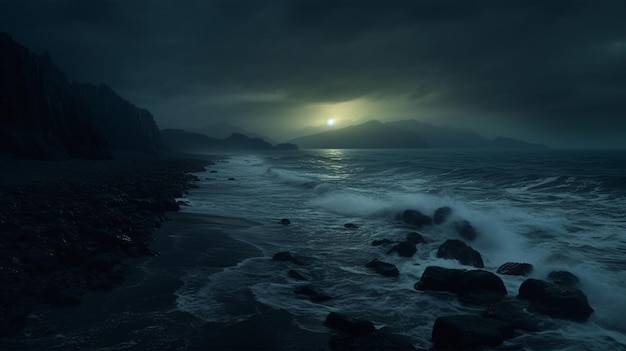 Vista de Arafed de una playa con rocas y olas por la noche