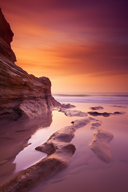 Vista arafed de una playa rocosa con una puesta de sol en el fondo ai generativo